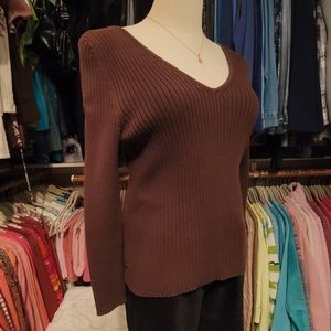 RALPH LAUREN ♡ Gorgeous Vintage Brown V Neck 'n Back Wide Ribbed Knit Sweater S